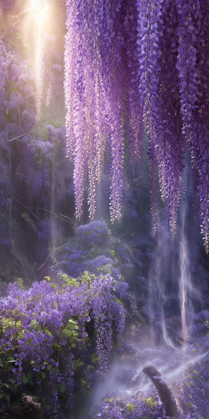 紫藤花瀑布，梦幻唯美，光影流转，高清壁纸，浪漫主义风格，全景