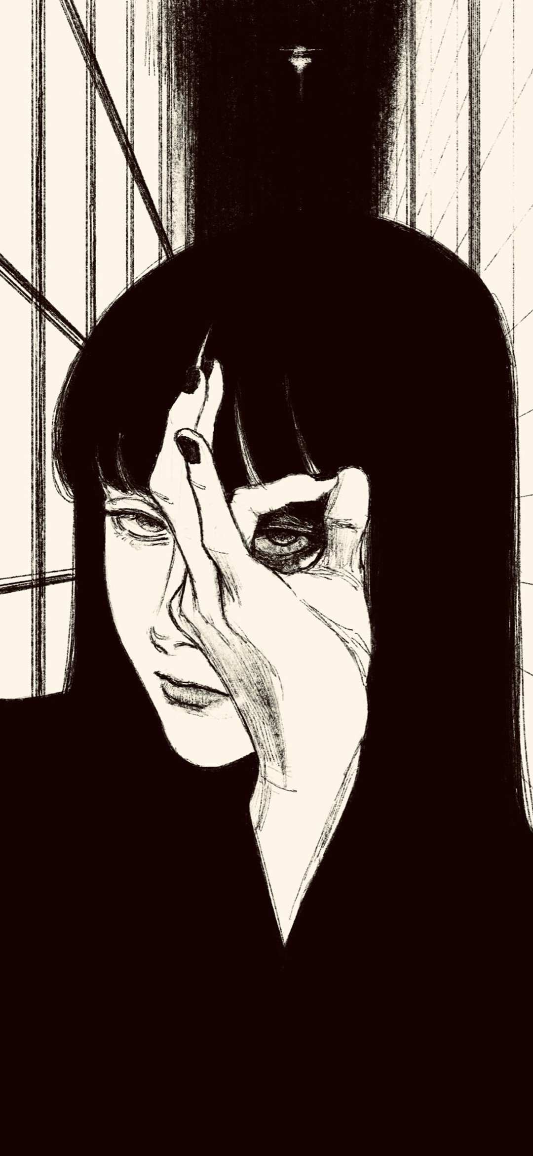 黑白手绘长发女生