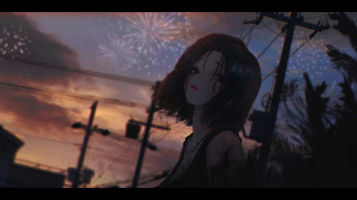 烟花下的短发女孩