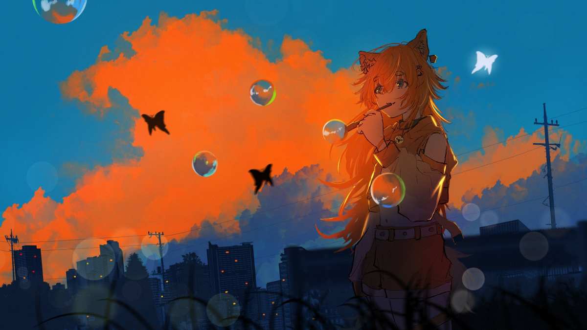夕阳下的红发少女
