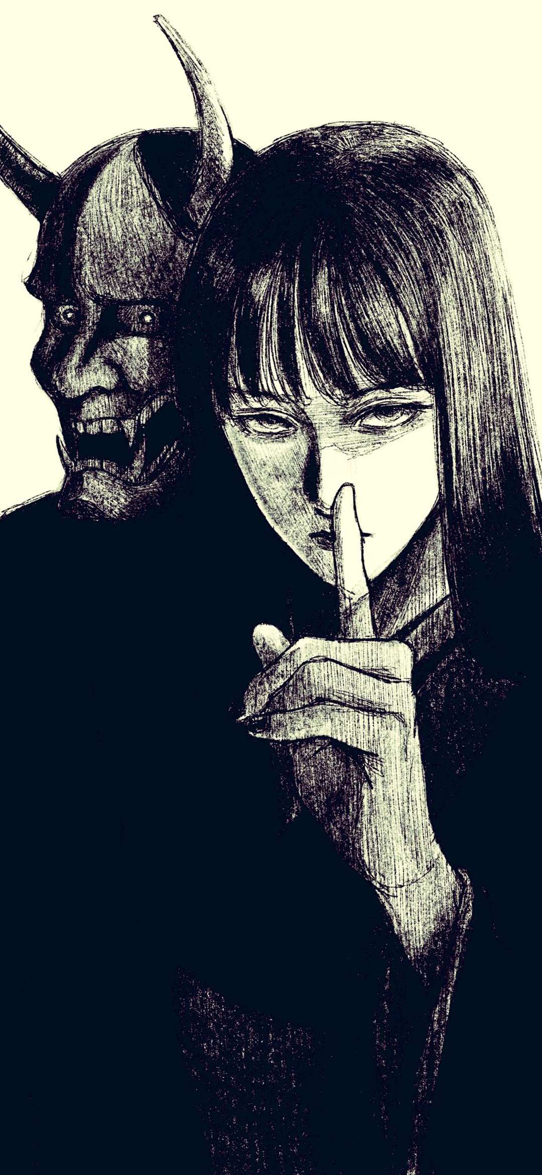 黑白素描恶魔与长发女子