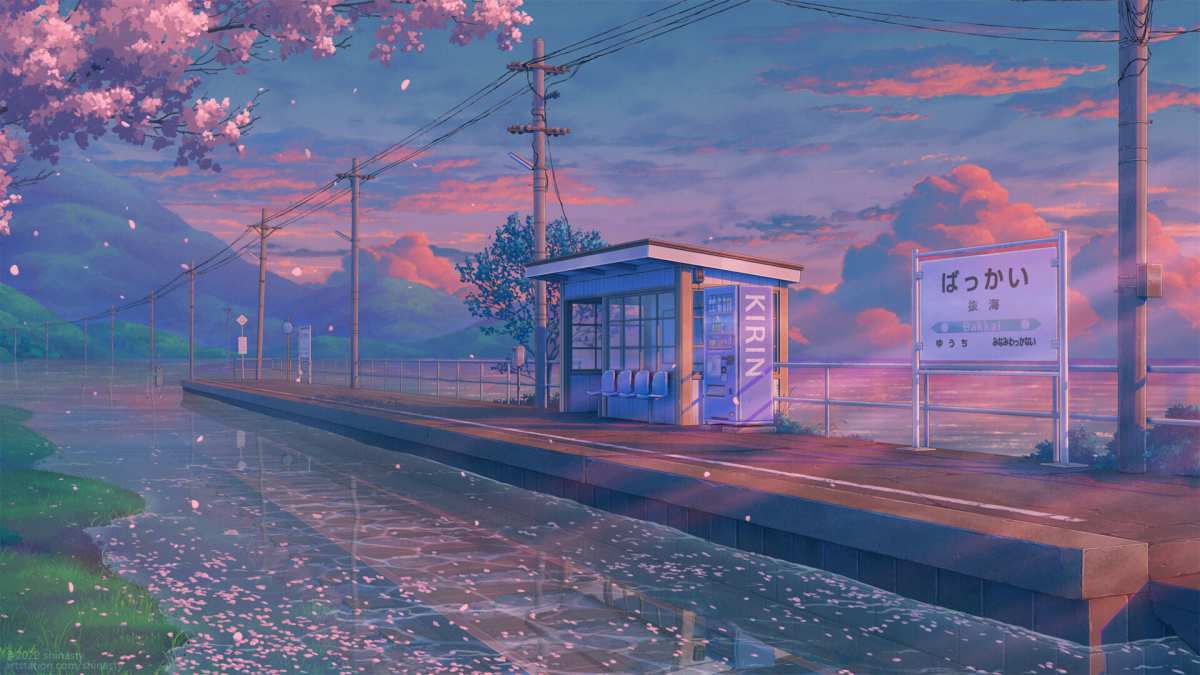 樱花雨中的宁静车站