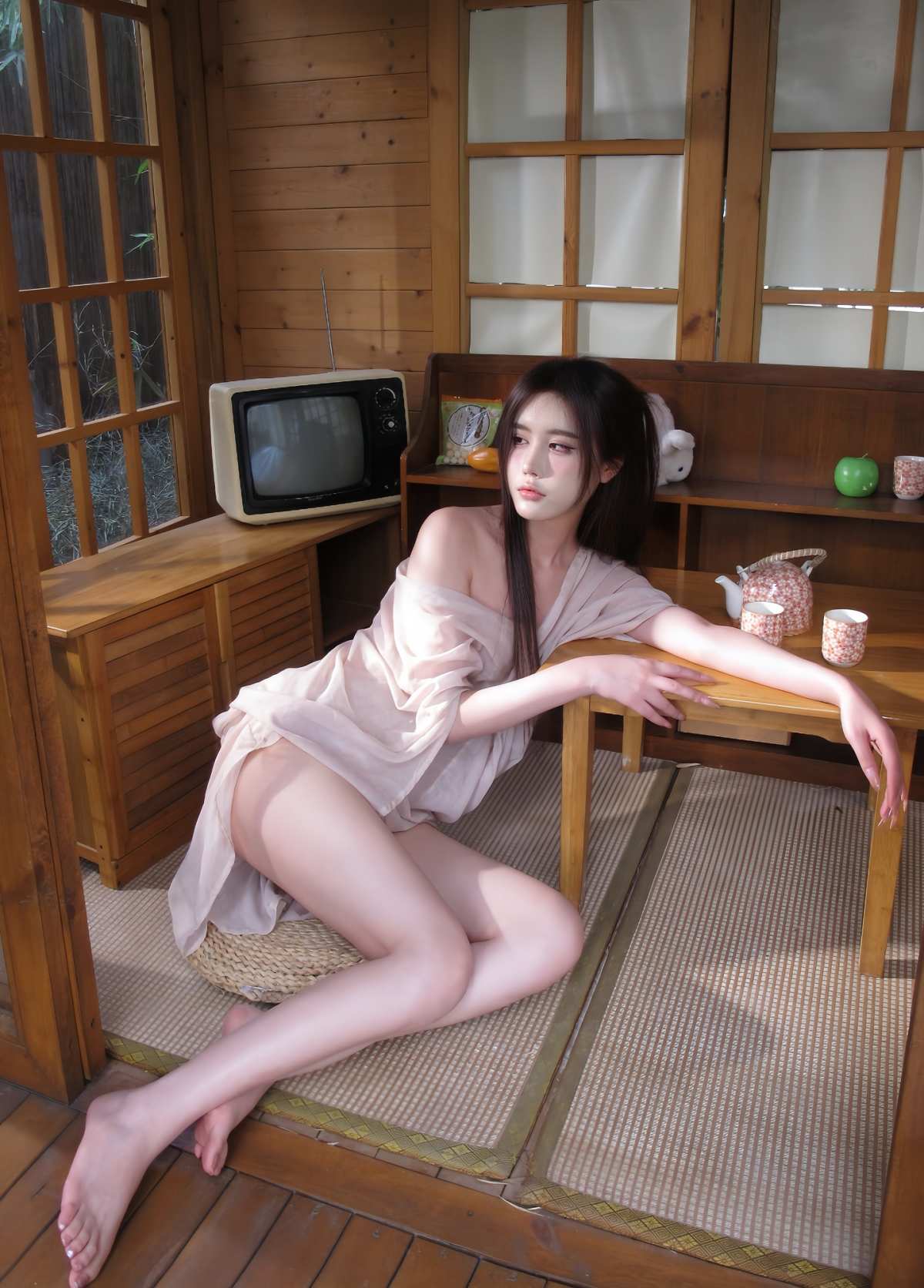 复古小屋中的优雅女性