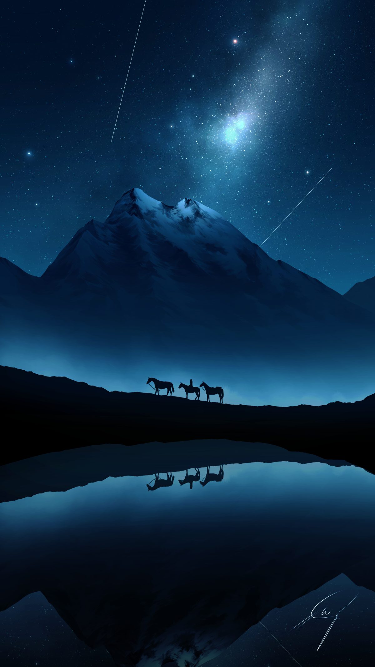 星夜山间马影