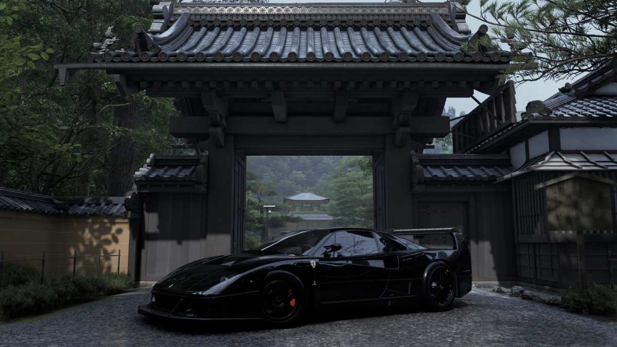 日本古寺旁的黑车壁纸