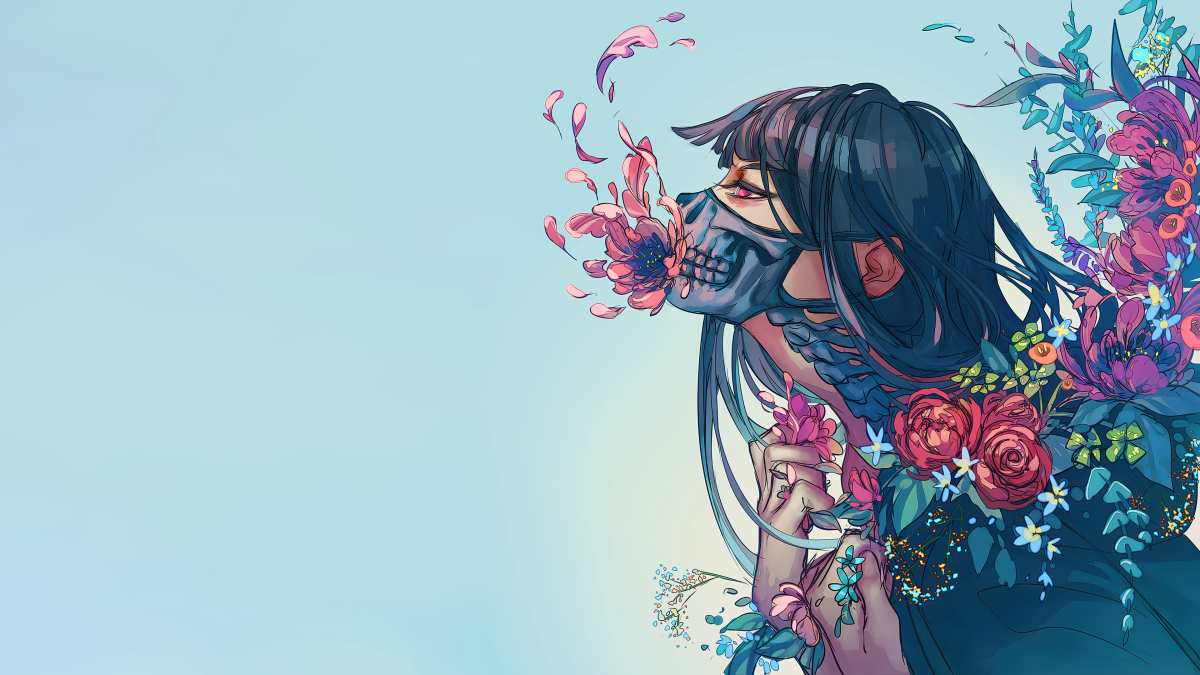 蓝色背景下的花之少女