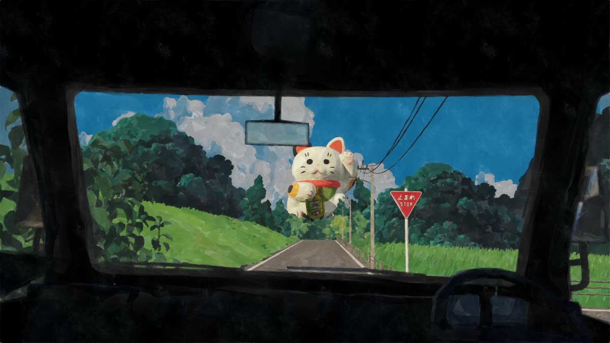 招财猫公路风景数字艺术壁纸