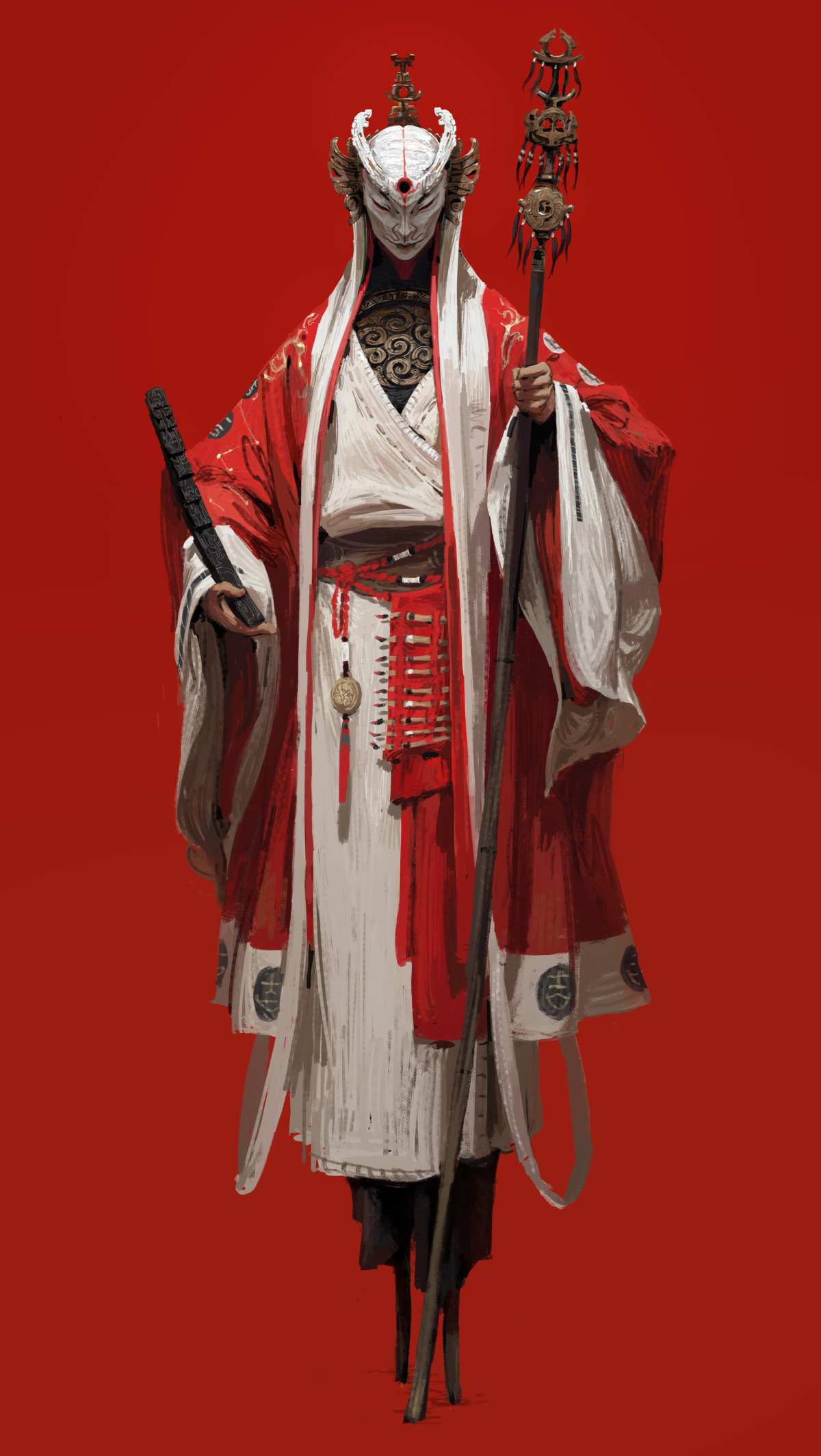 红色背景下的传统服饰人物