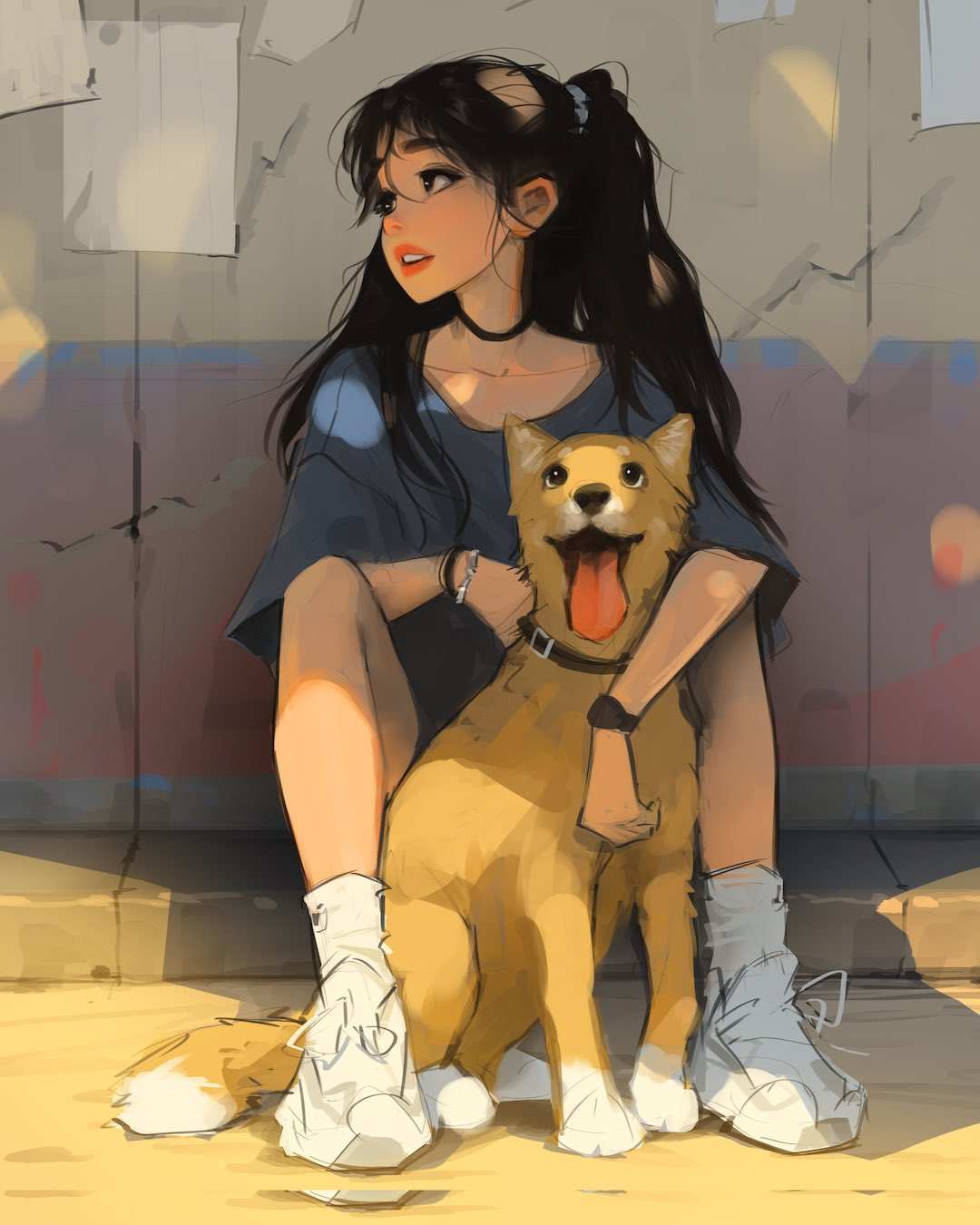 阳光下的女孩与狗