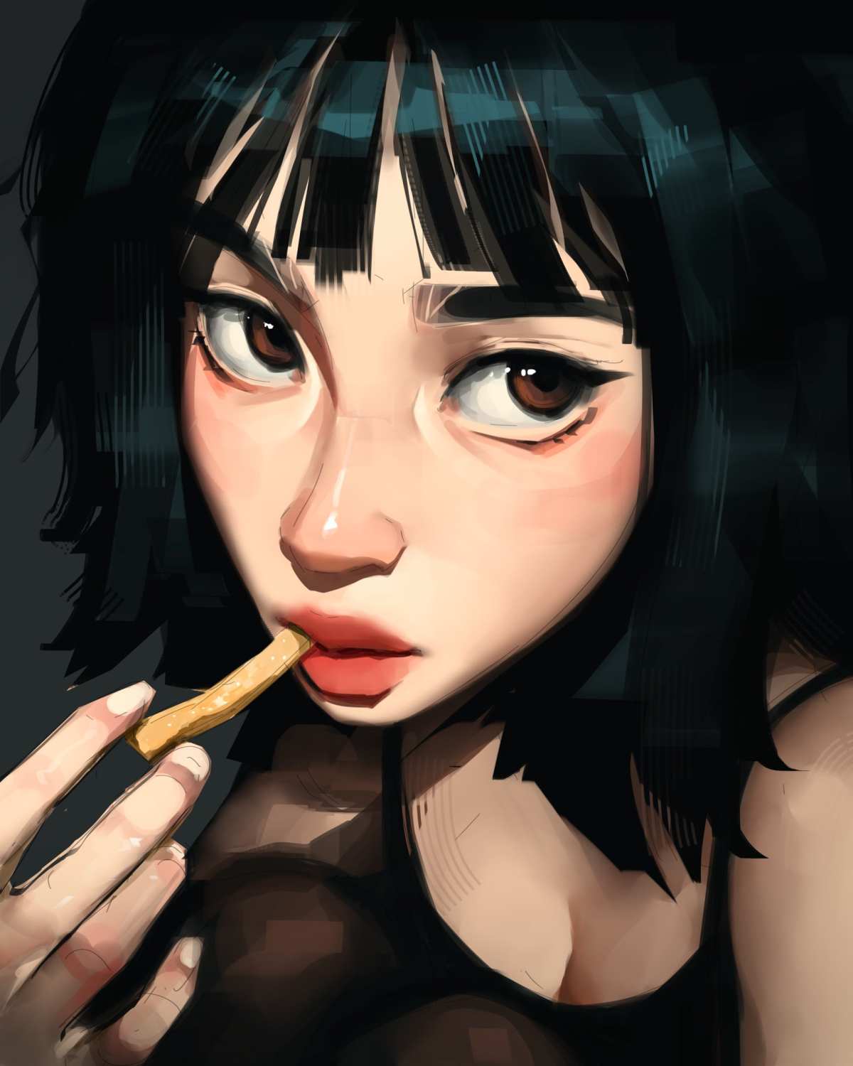 黑发女孩吃薯条