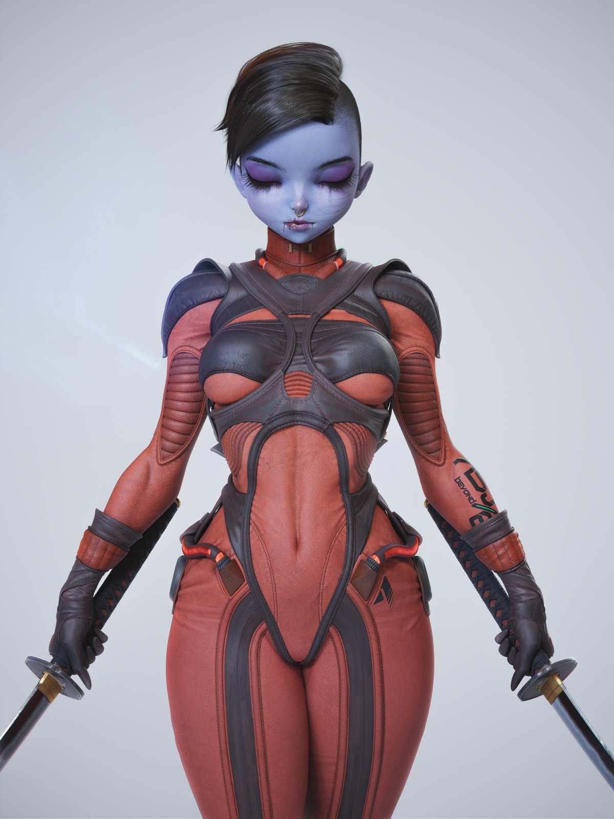 蓝皮肤女战士双持剑