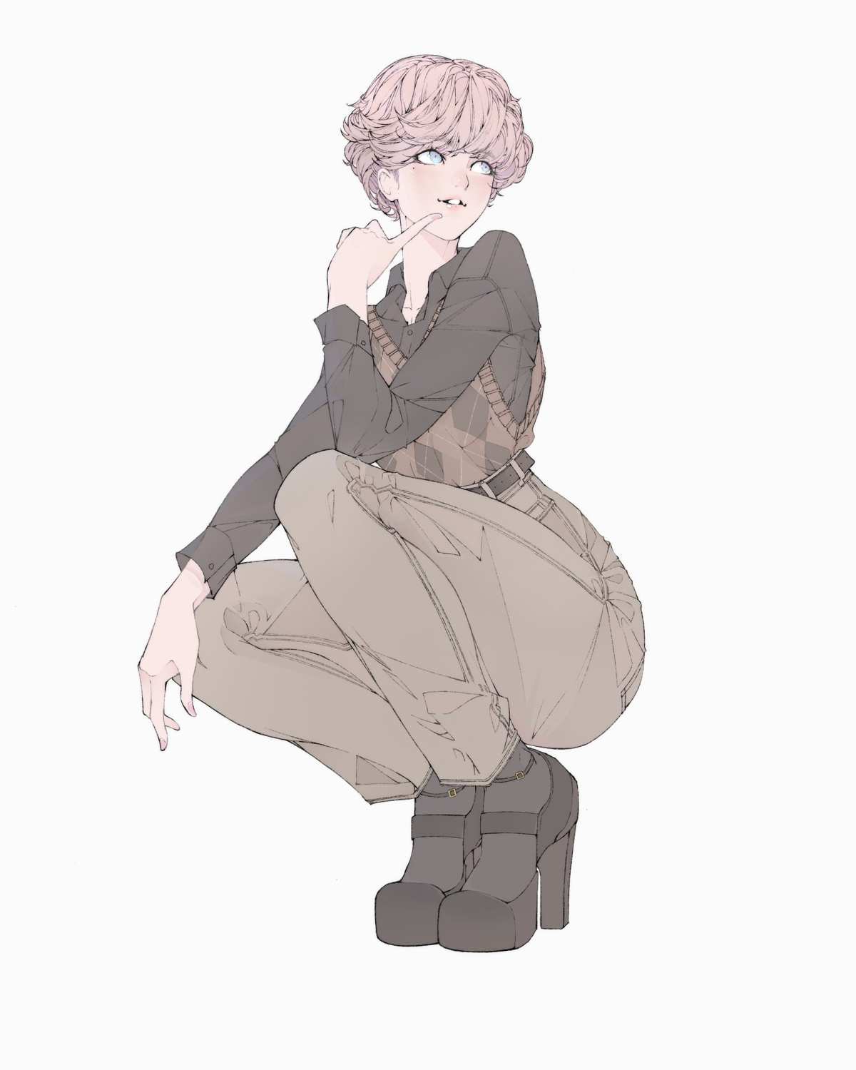 粉色短发女孩蹲坐