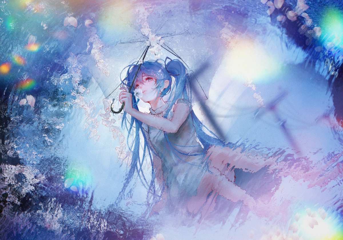 蓝色长发女孩雨伞壁纸