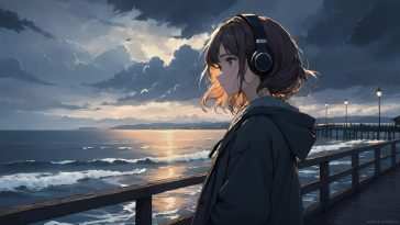 动漫女孩日落海滩动态壁纸