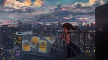 高清动态壁纸：动漫女孩仰望天空