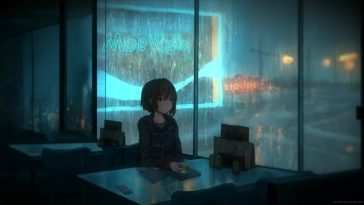 郁闷动漫女孩咖啡店雨夜动态壁纸