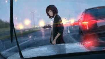 动漫女孩雨中看车动态壁纸