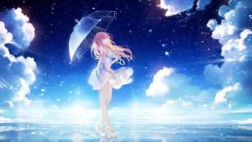 动漫女孩雨伞地平线动态壁纸