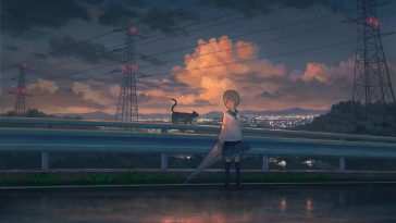 动漫女孩雨中黑猫动态壁纸