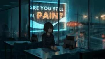 悲伤动漫女孩咖啡店雨夜动态壁纸