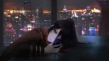 动漫女孩夜晚听音乐动态壁纸