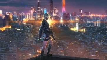 动漫女孩步枪城市夜景动态壁纸