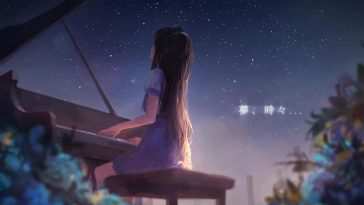 动漫女孩弹钢琴星空烟花动态壁纸
