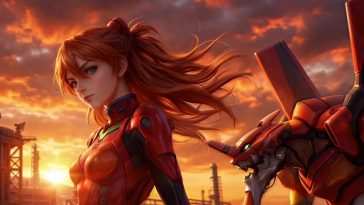 明日香动态壁纸：夕阳下的霓虹机甲