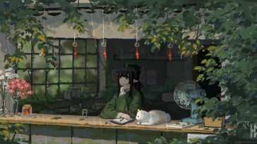 动漫女孩与猫雨中漫步动态壁纸
