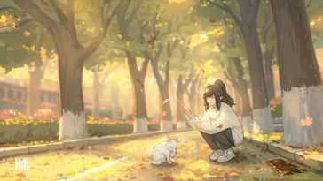 秋季动漫女孩玩猫动态壁纸
