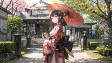 日本动漫女孩和服樱花动态壁纸