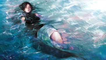 动漫女孩动态壁纸：漂浮水面上