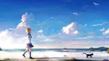 动漫女孩海滩漫步动态壁纸