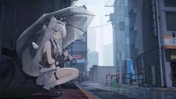 雨中动漫狼女动态壁纸