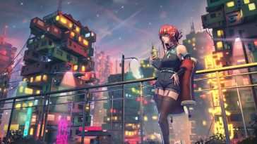 高清动态壁纸：动漫女孩星空建筑