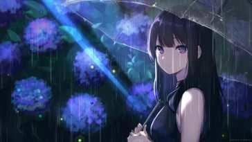 雨伞动漫女孩花园花卉动态壁纸