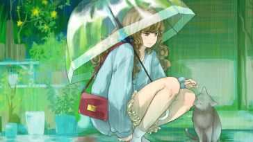 动漫女孩雨中玩猫动态壁纸