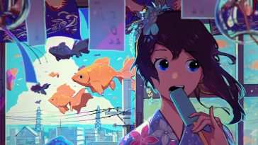 动漫女孩和服吃冰淇淋动态壁纸