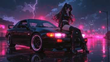 高清动态壁纸：动漫女孩霓虹夜景