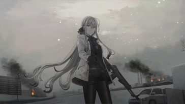 动漫女孩动态壁纸：持枪长发少女