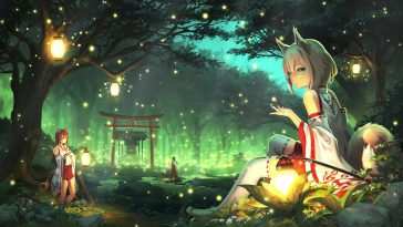 米科神社少女森林萤火虫动态壁纸