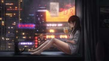 动漫女孩雨中饮酒动态壁纸