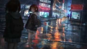 动漫女孩动态壁纸：汽车山丘雨景