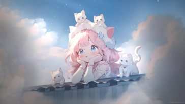 动漫女孩与云猫动态壁纸