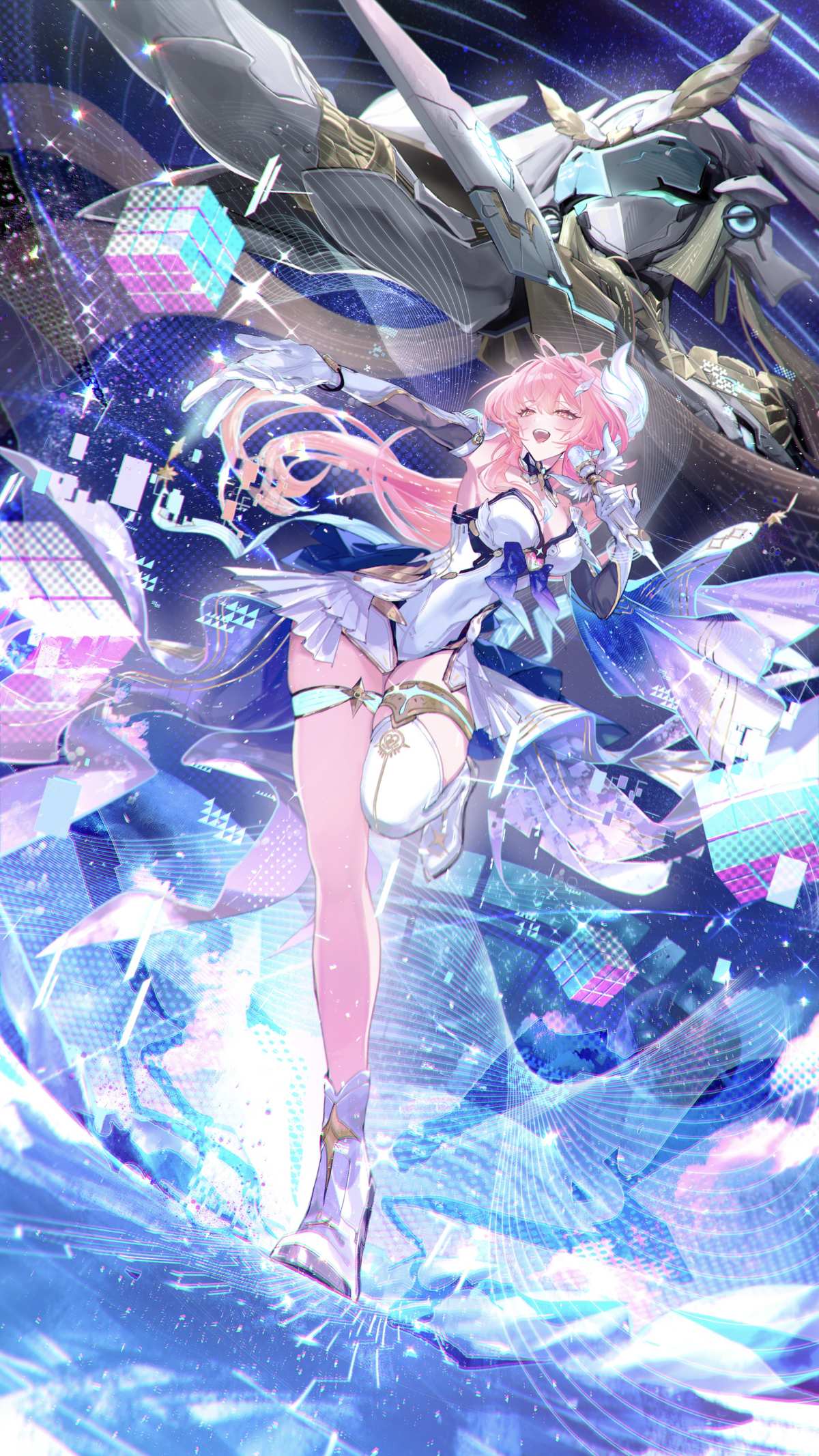 粉色长发女孩与机甲