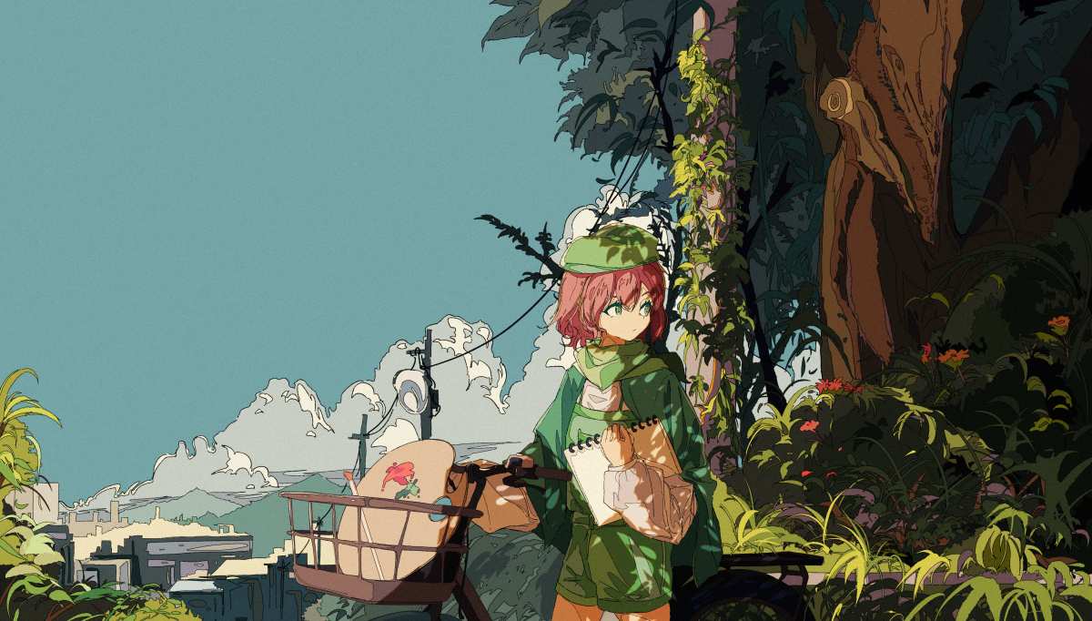 粉色长发女孩自然风光插画