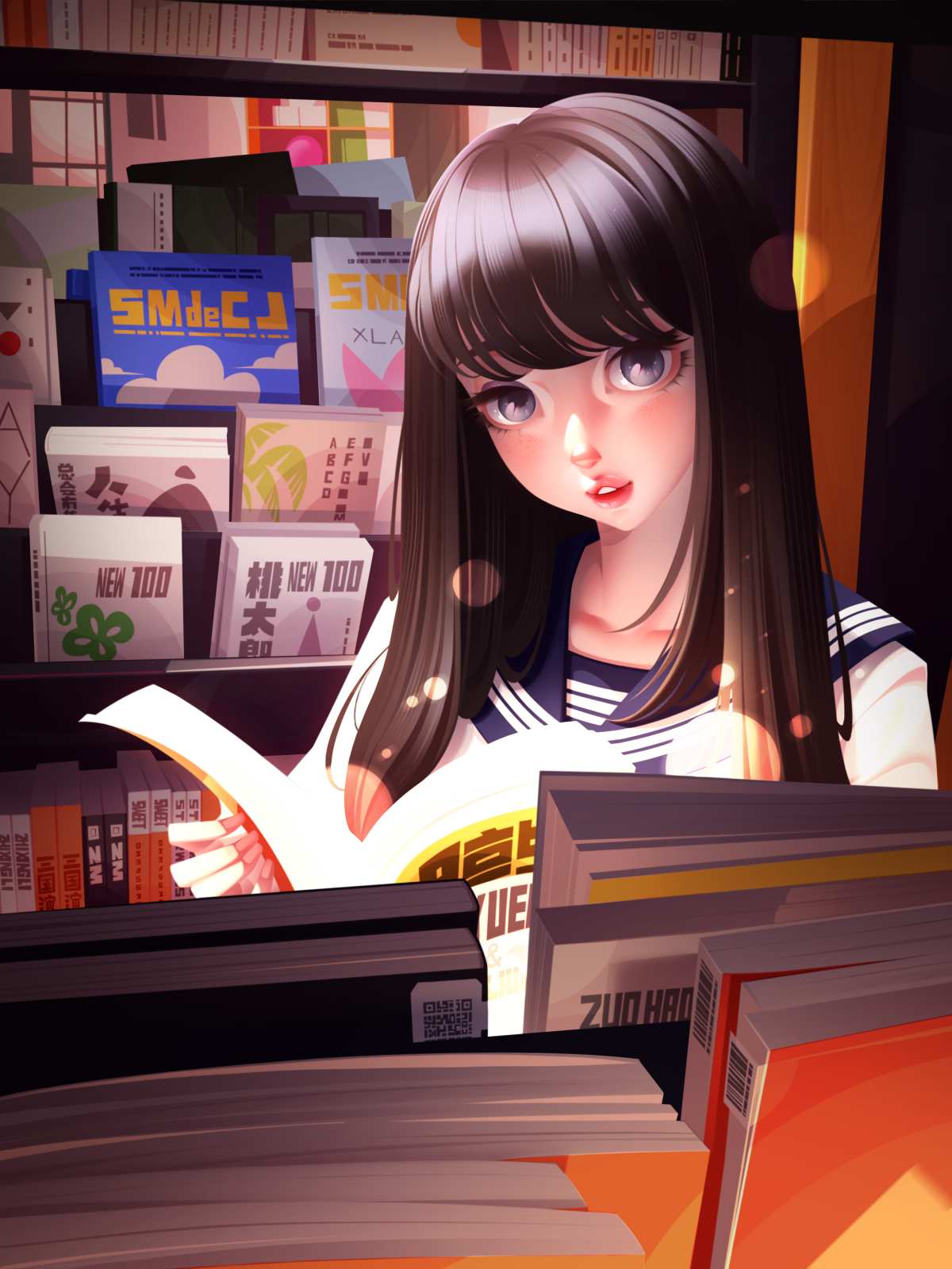 长发女孩读书