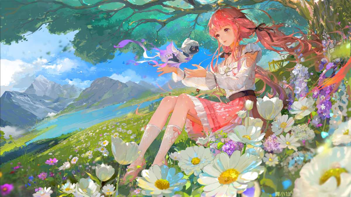 粉色长发女孩与湖畔花海