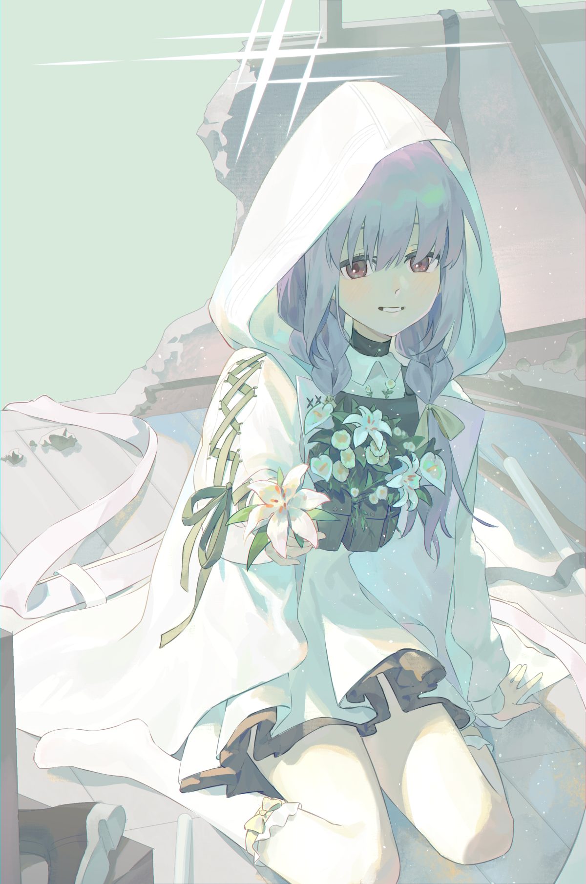 蓝发少女与花