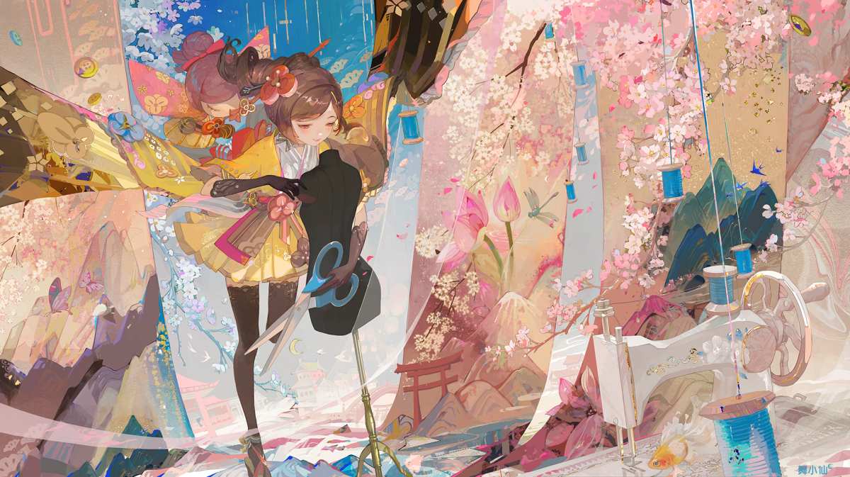 樱花下的缝纫少女